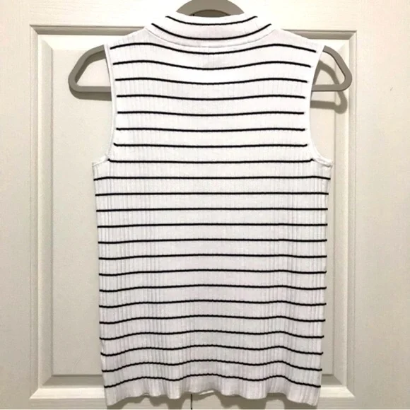 Talbots White Black Stripe Sleeveless Ribbed Mock Neck Sweater SP - Picture 4 of 14